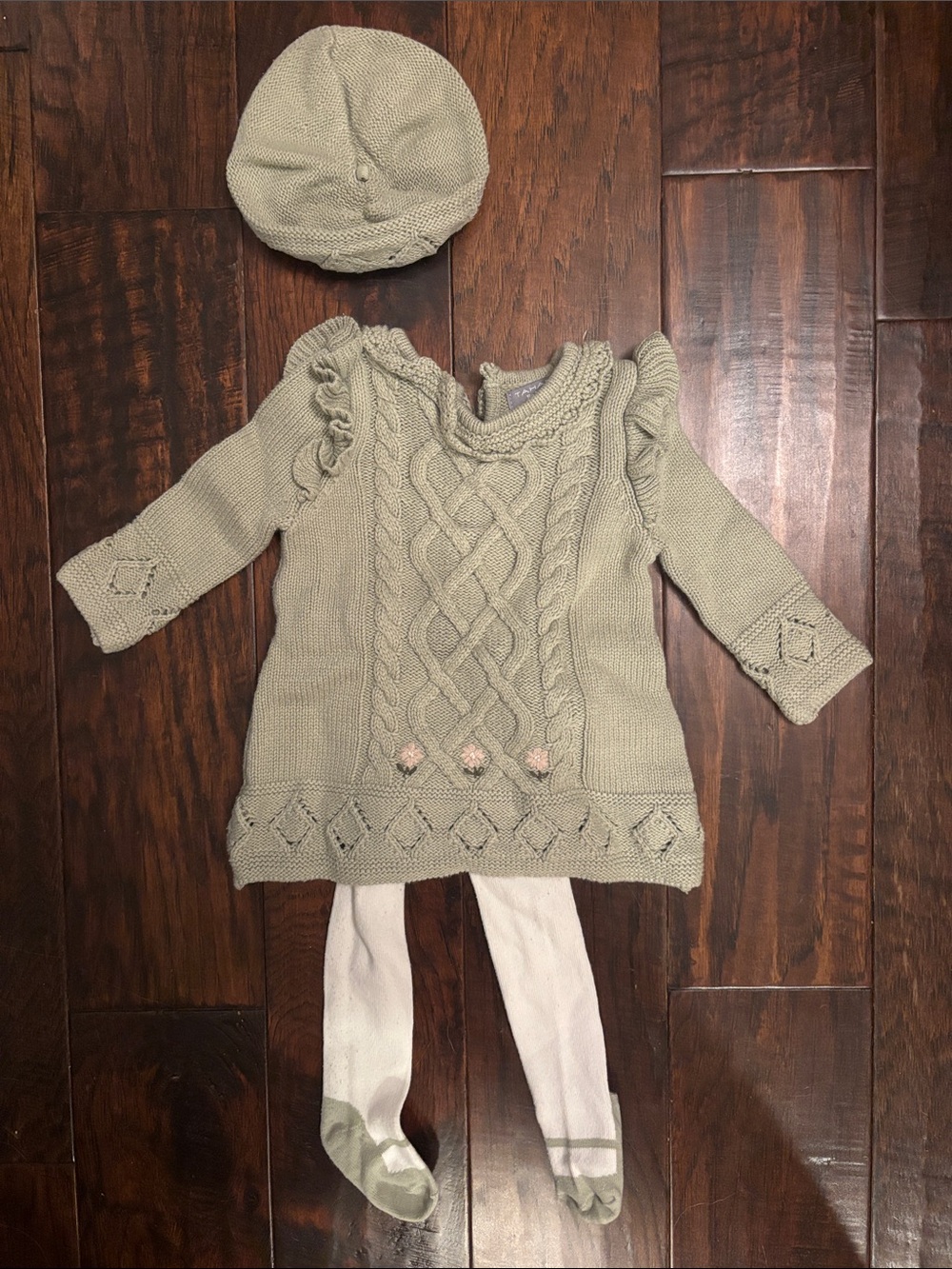 Tahari Light Sage Knit Dress Set with White Tights